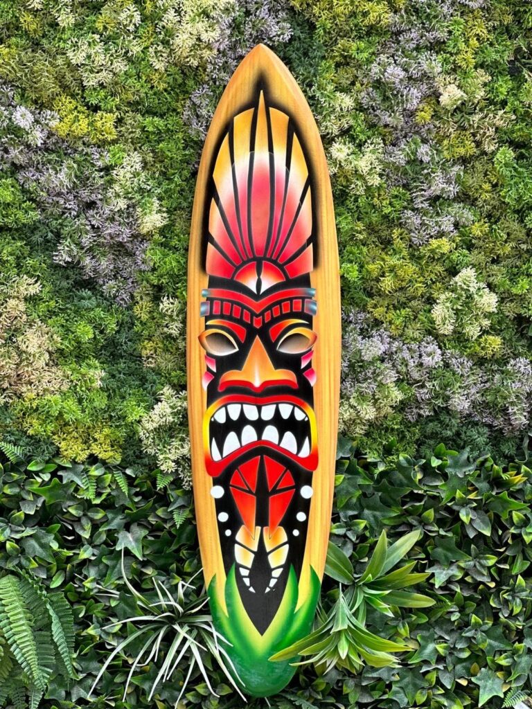 Déco Tiki Bar – Planche De Surf 100 Cm – Bois – Motif Danseur De Feu – Neuf