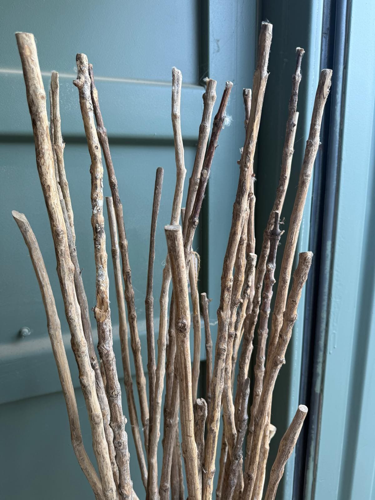 Bâtons en bois contre un mur vert.