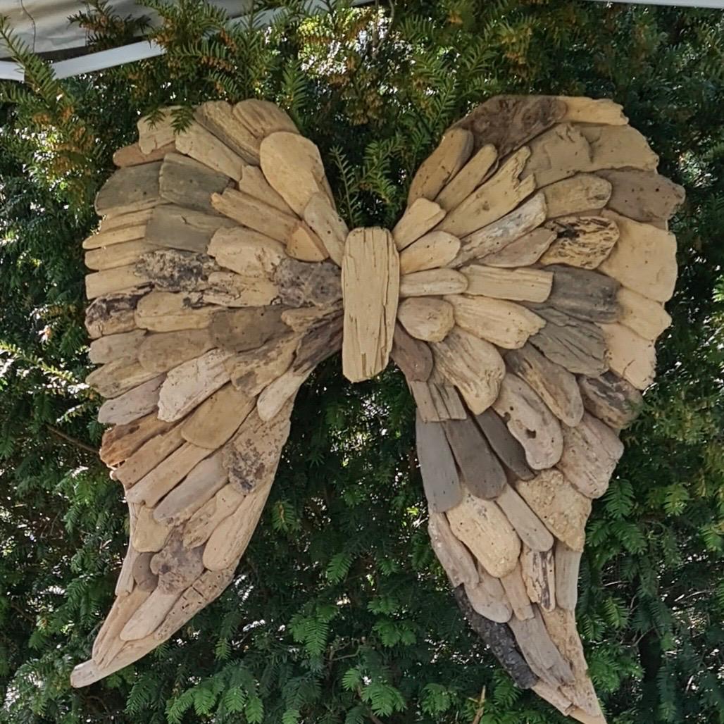 Ailes en bois flotté sur fond végétal.